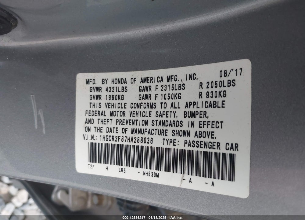 2017 HONDA ACCORD VIN: 1HGCR2F87HA288036
