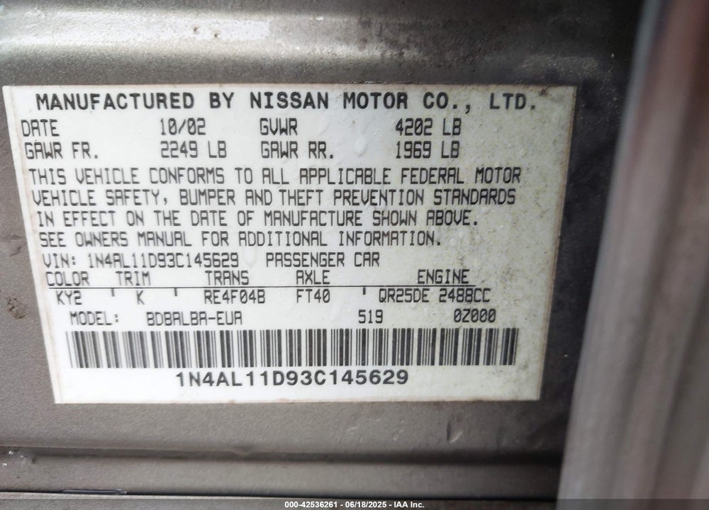 2003 NISSAN ALTIMA 2.5 S VIN: 1N4AL11D93C145629