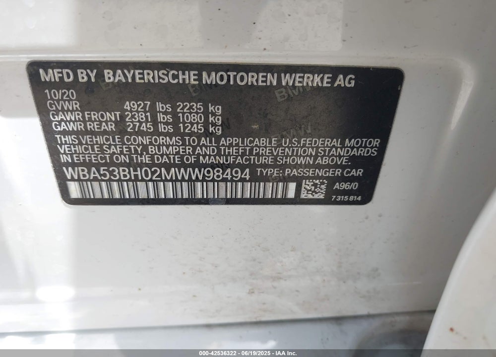 2021 BMW 5 SERIES VIN: WBA53BH02MWW98494