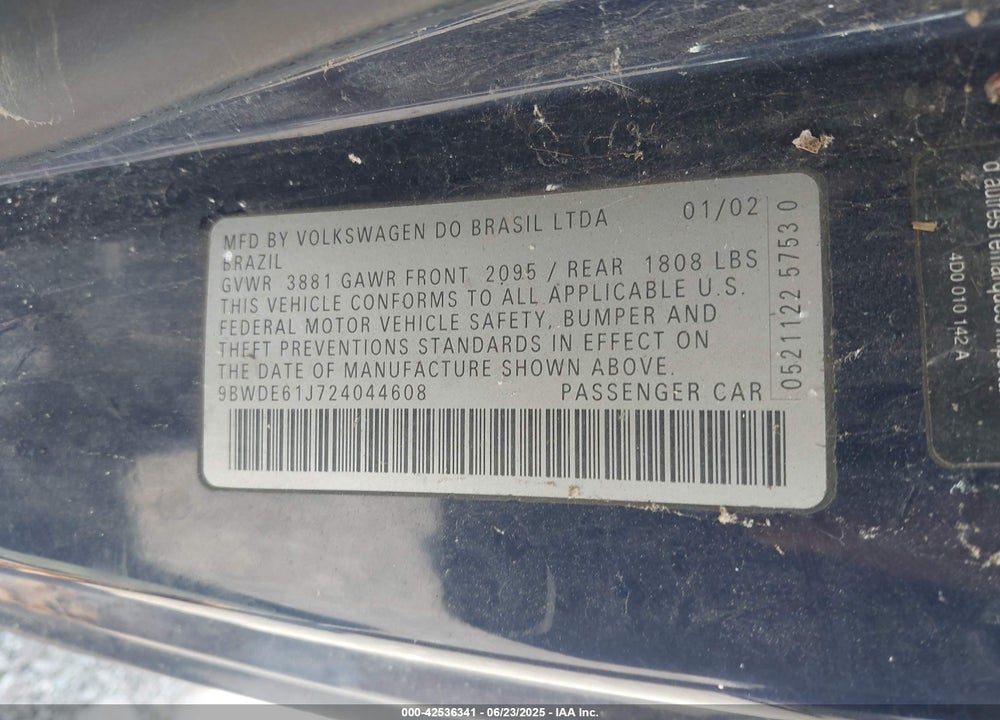 2002 VOLKSWAGEN GTI 1.8L VIN: 9BWDE61J724044608