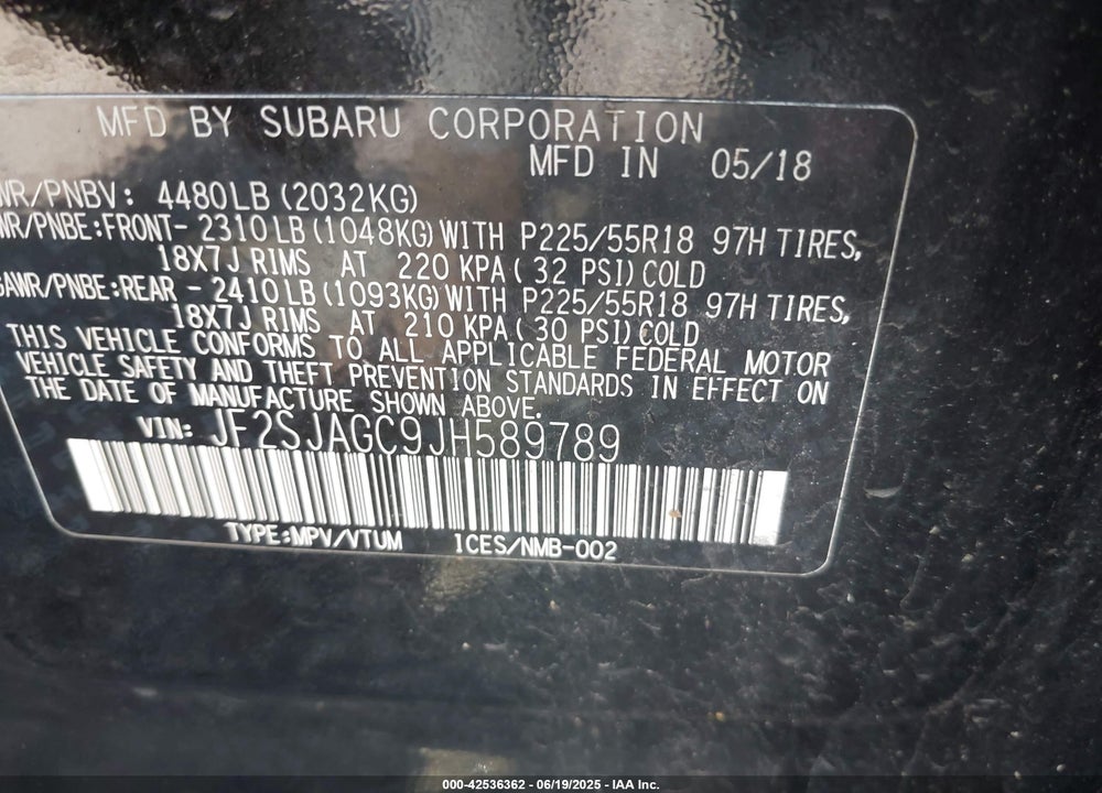 2018 SUBARU FORESTER VIN: JF2SJAGC9JH589789