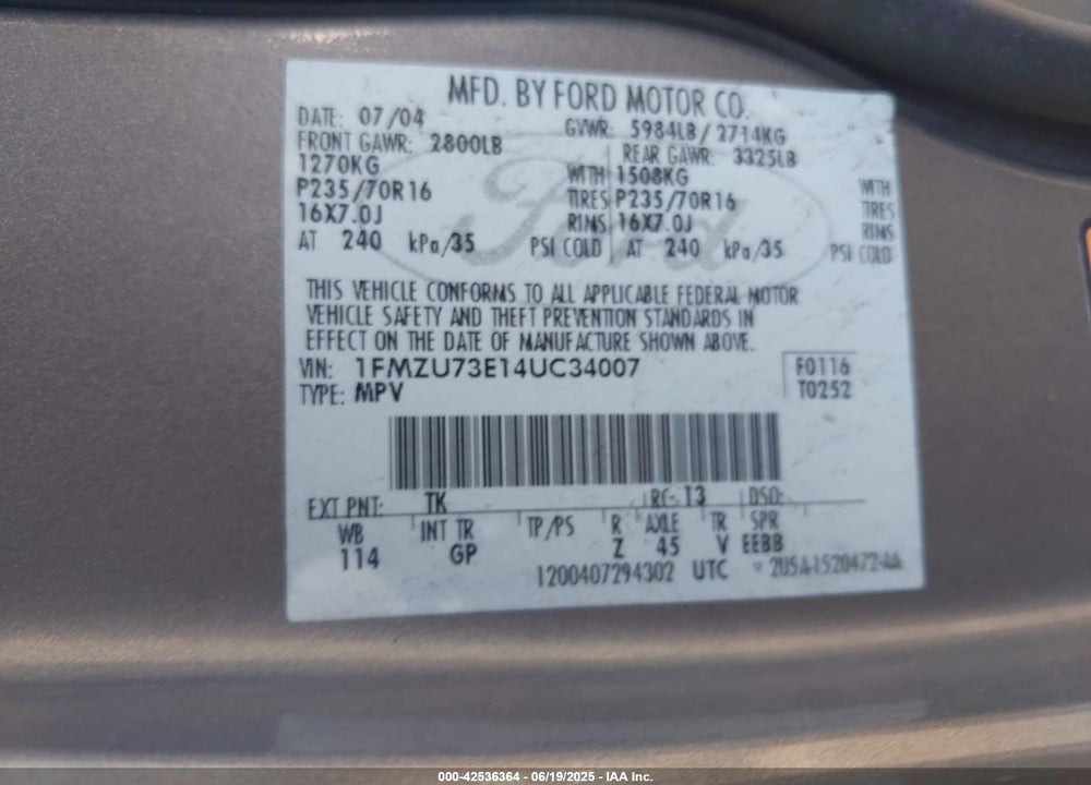 2004 FORD EXPLORER NBX/XLT VIN: 1FMZU73E14UC34007