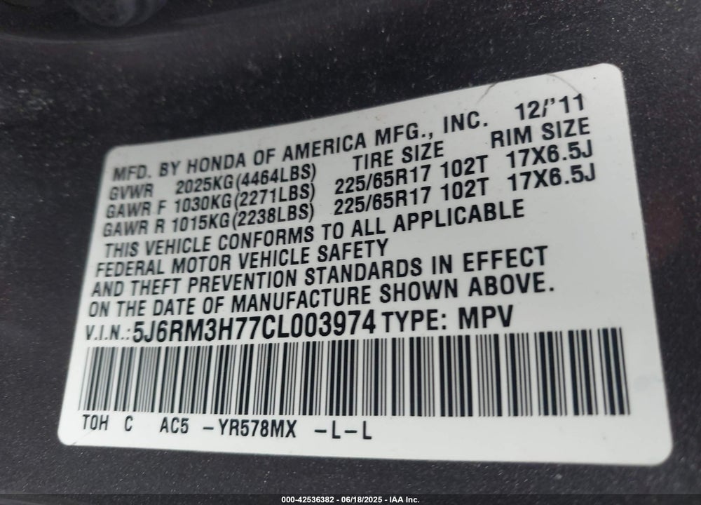 2012 HONDA CR-V VIN: 5J6RM3H77CL003974