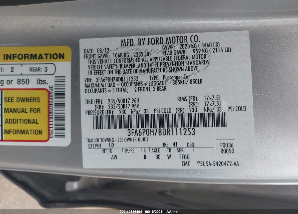 2013 FORD FUSION VIN: 3FA6P0H78DR111253