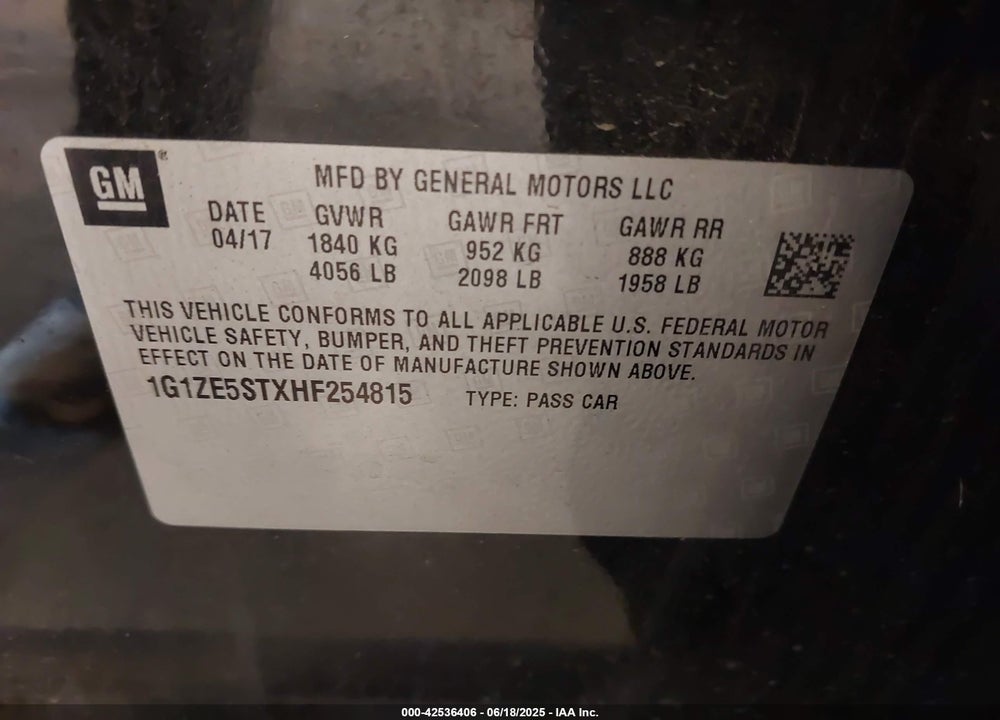 2017 CHEVROLET MALIBU VIN: 1G1ZE5STXHF254815