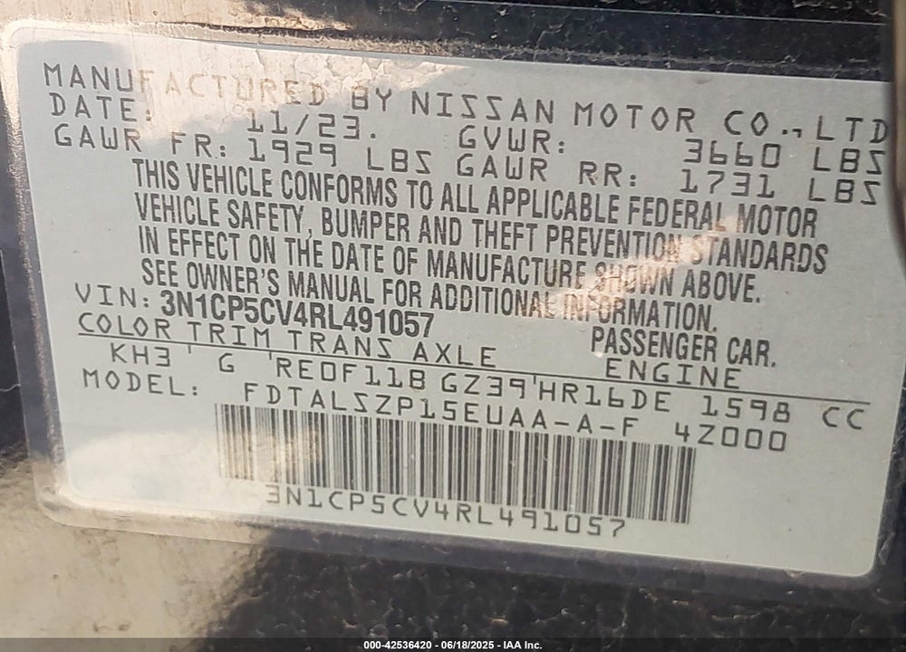 2024 NISSAN KICKS SV XTRONIC CVT VIN: 3N1CP5CV4RL491057