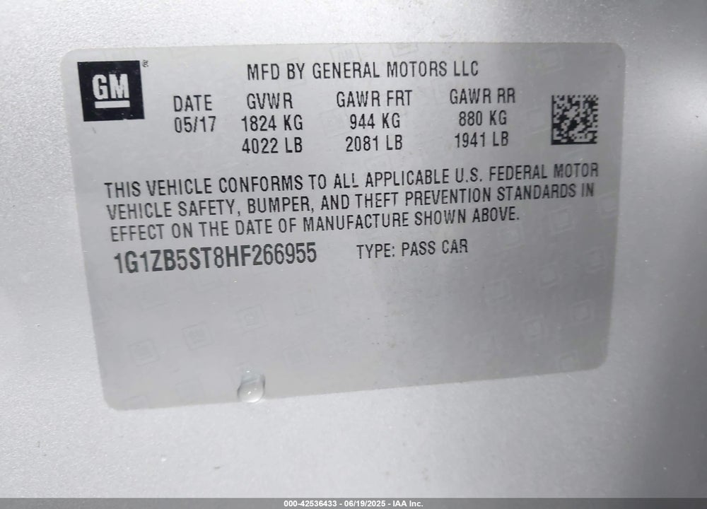 2017 CHEVROLET MALIBU VIN: 1G1ZB5ST8HF266955