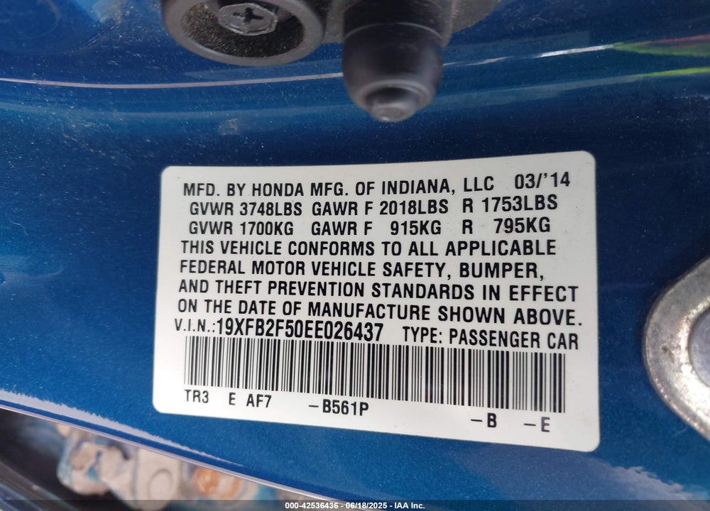 2014 HONDA CIVIC VIN: 19XFB2F50EE026437