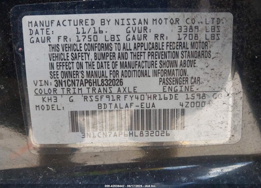 2017 NISSAN VERSA VIN: 3N1CN7AP6HL832026