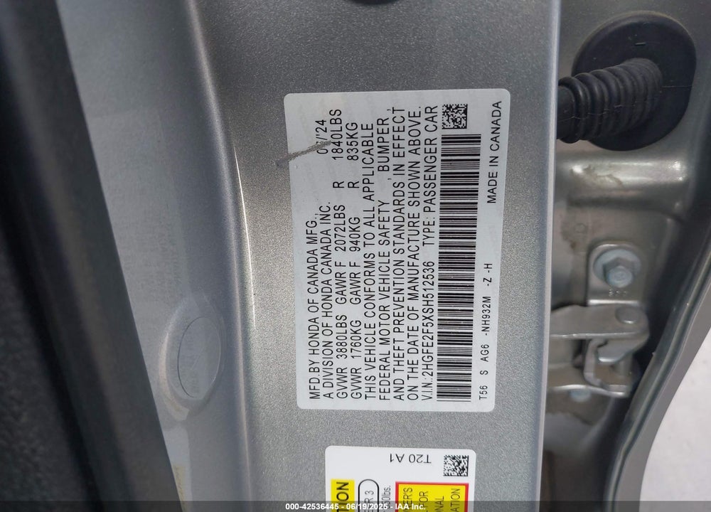 2025 HONDA CIVIC SPORT VIN: 2HGFE2F5XSH512536