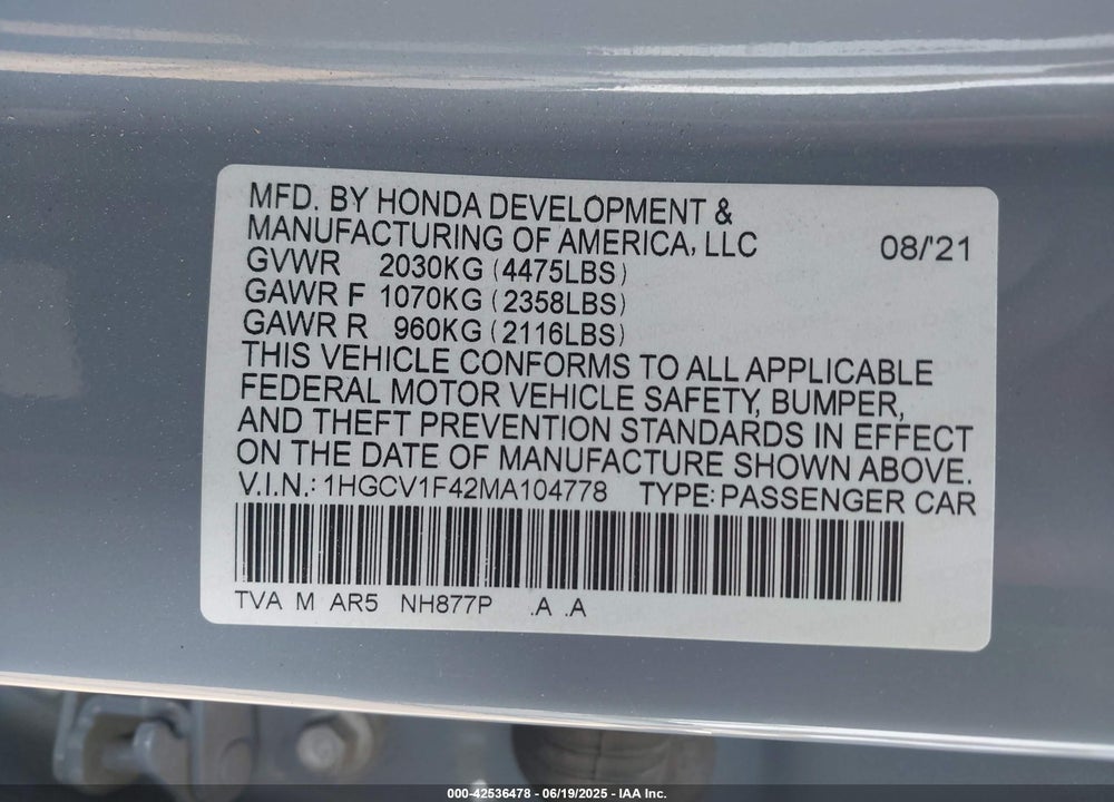 2021 HONDA ACCORD SPORT SPECIAL EDITION VIN: 1HGCV1F42MA104778