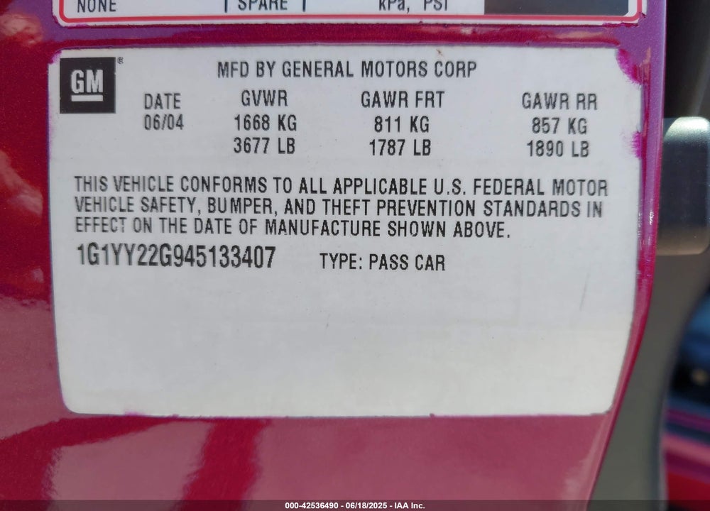 2004 CHEVROLET CORVETTE VIN: 1G1YY22G945133407