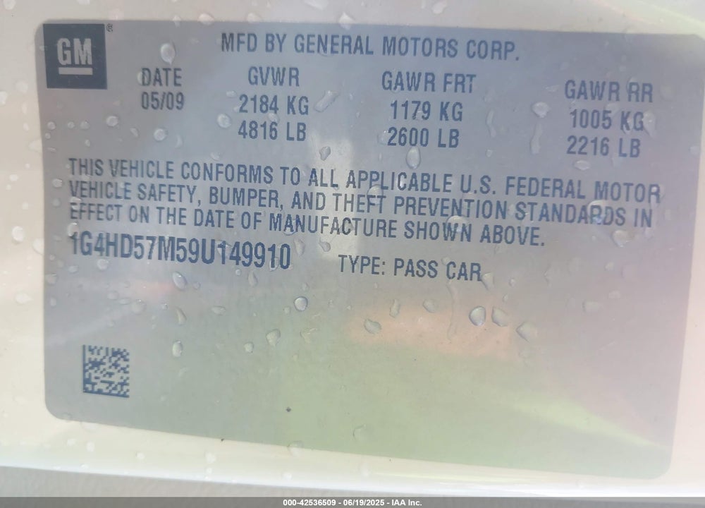 2009 BUICK LUCERNE VIN: 1G4HD57M59U149910