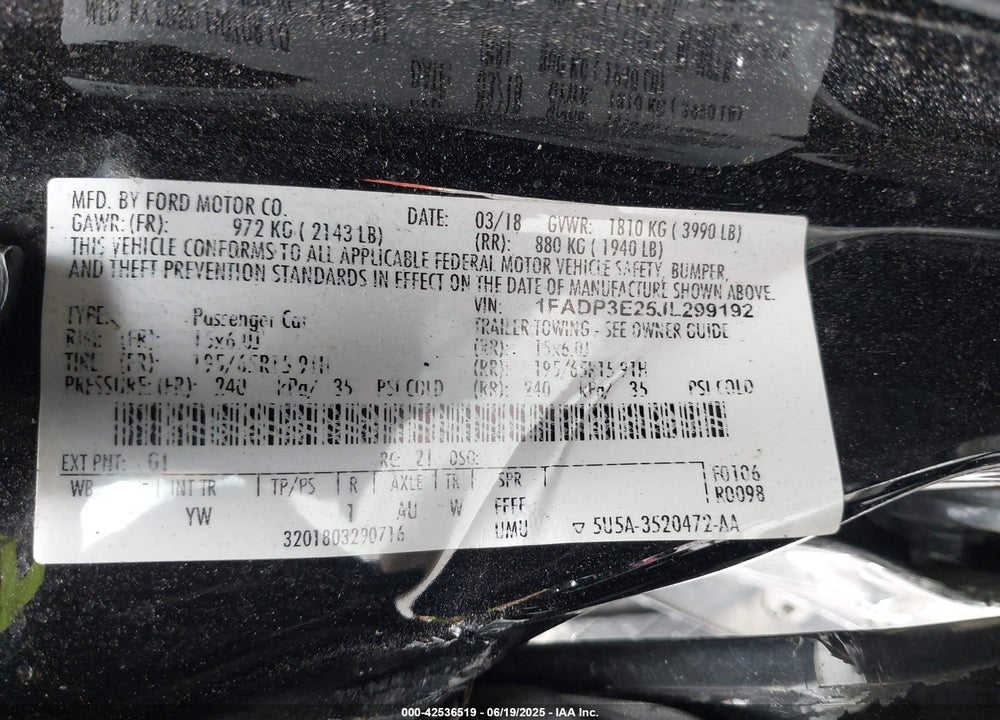 2018 FORD FOCUS VIN: 1FADP3E25JL299192