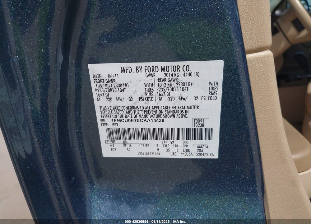 2012 FORD ESCAPE LIMITED VIN: 1FMCU0E75CKA14438