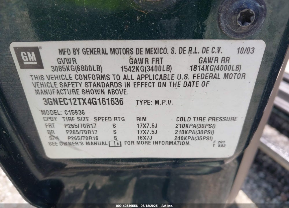 2004 CHEVROLET AVALANCHE 1500 VIN: 3GNEC12TX4G161636
