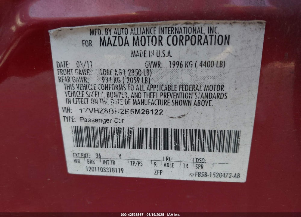 2011 MAZDA MAZDA6 VIN: 1YVHZ8BH2B5M26122