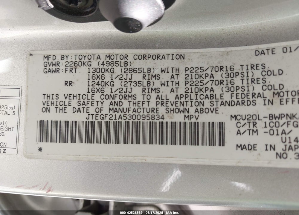 2003 TOYOTA HIGHLANDER V6 VIN: JTEGF21A530095834