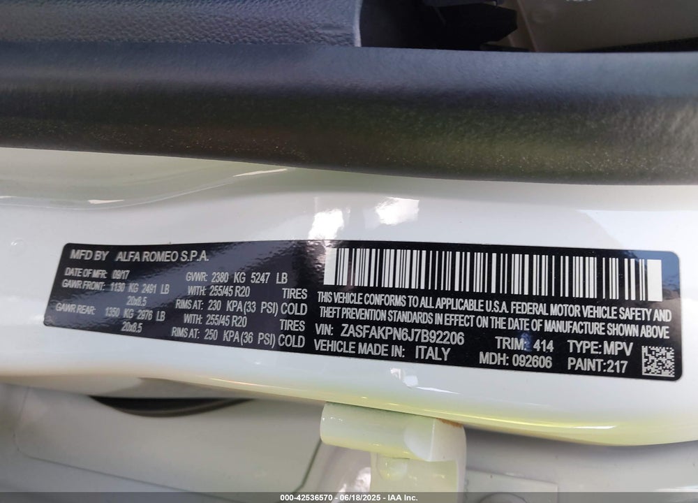 2018 ALFA ROMEO STELVIO VIN: ZASFAKPN6J7B92206