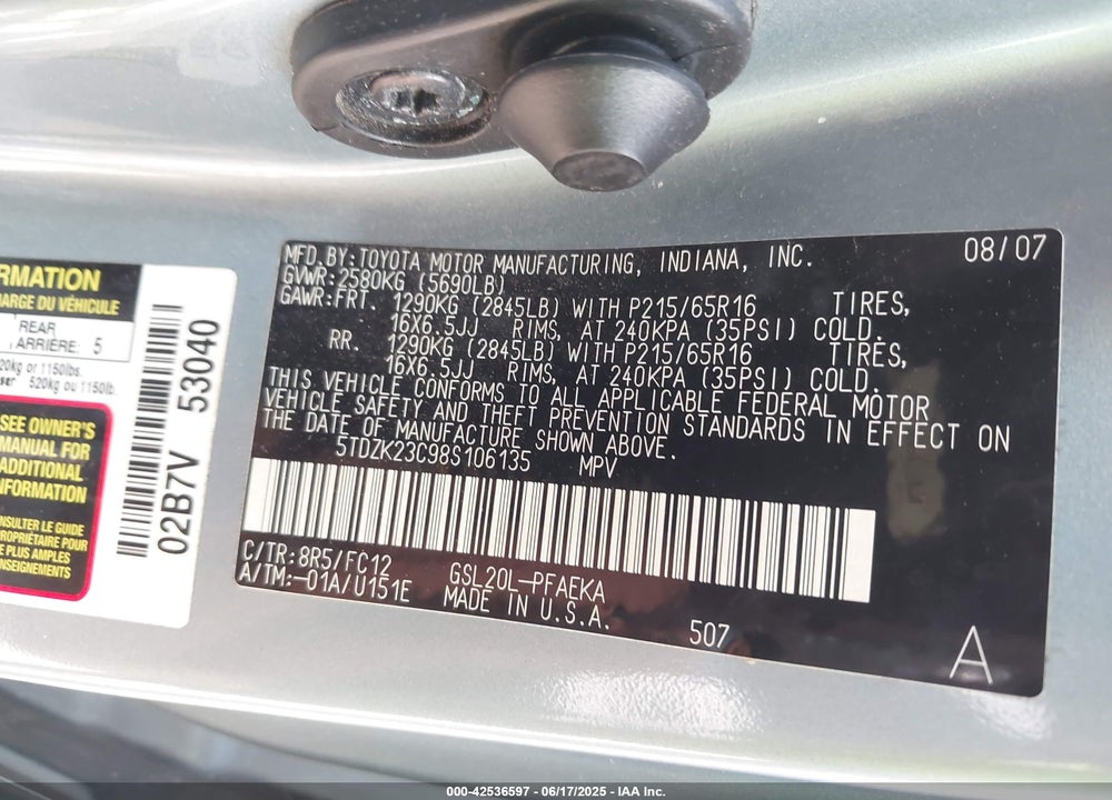 2008 TOYOTA SIENNA LE VIN: 5TDZK23C98S106135