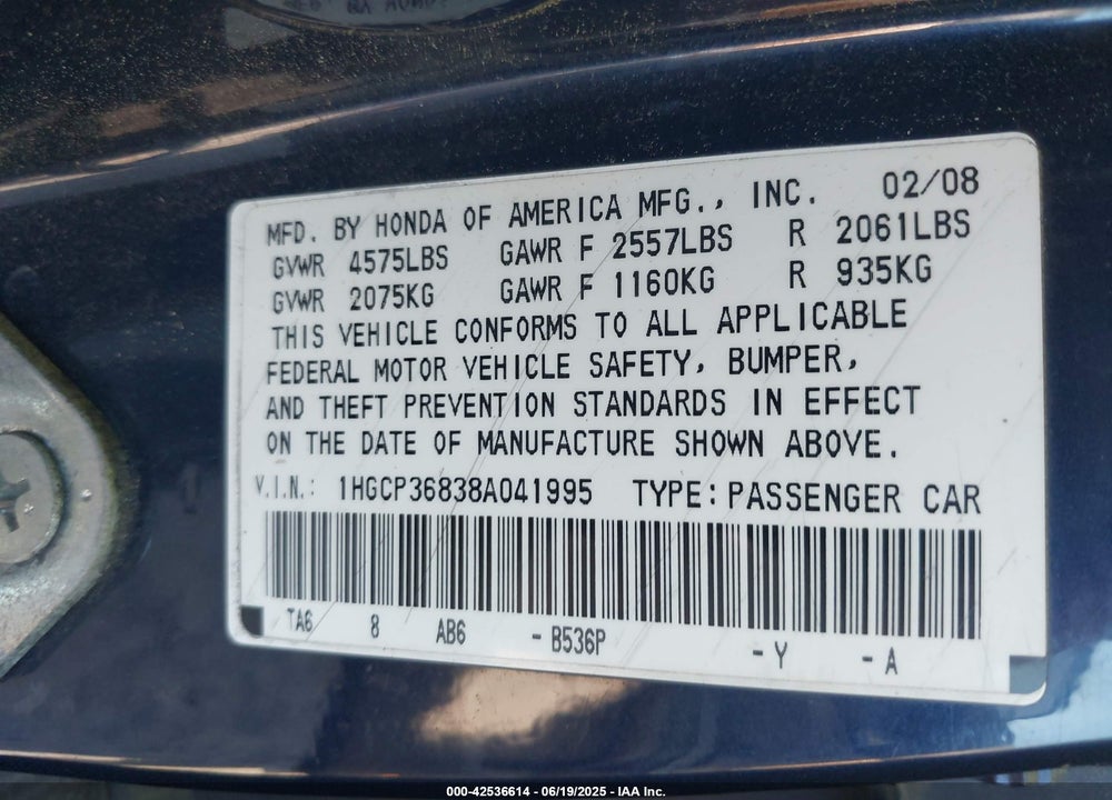 2008 HONDA ACCORD 3.5 EX-L VIN: 1HGCP36838A041995