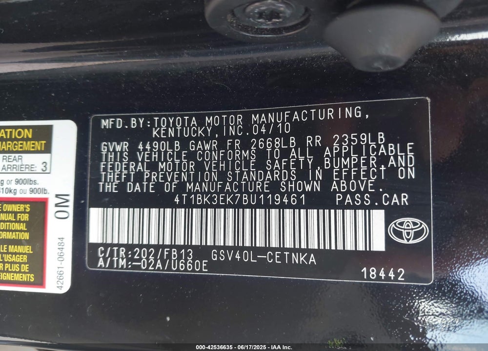 2011 TOYOTA CAMRY VIN: 4T1BK3EK7BU119461