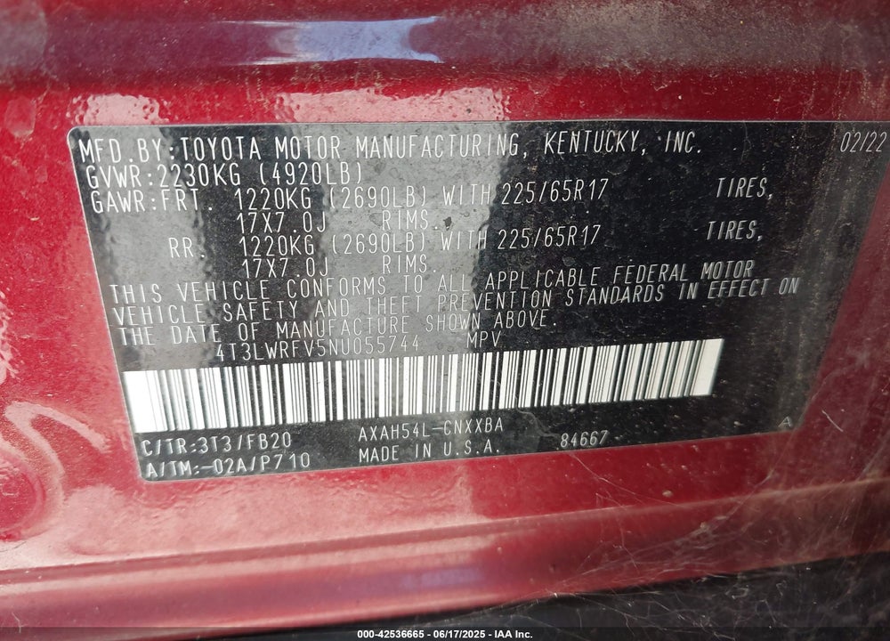 2022 TOYOTA RAV4 VIN: 4T3LWRFV5NU055744