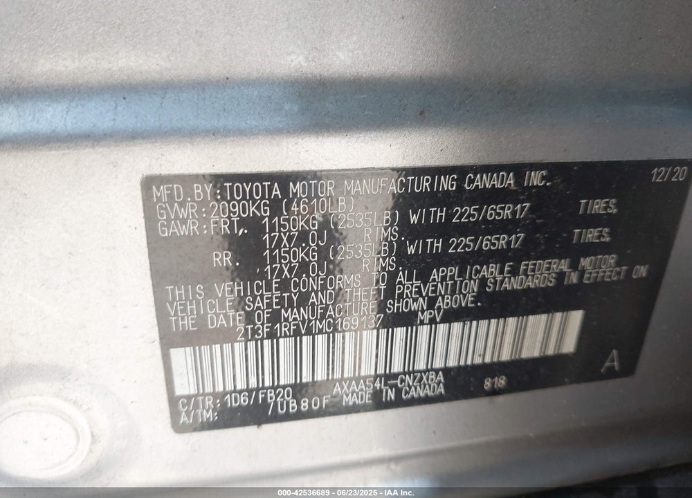 2021 TOYOTA RAV4 VIN: 2T3F1RFV1MC169137