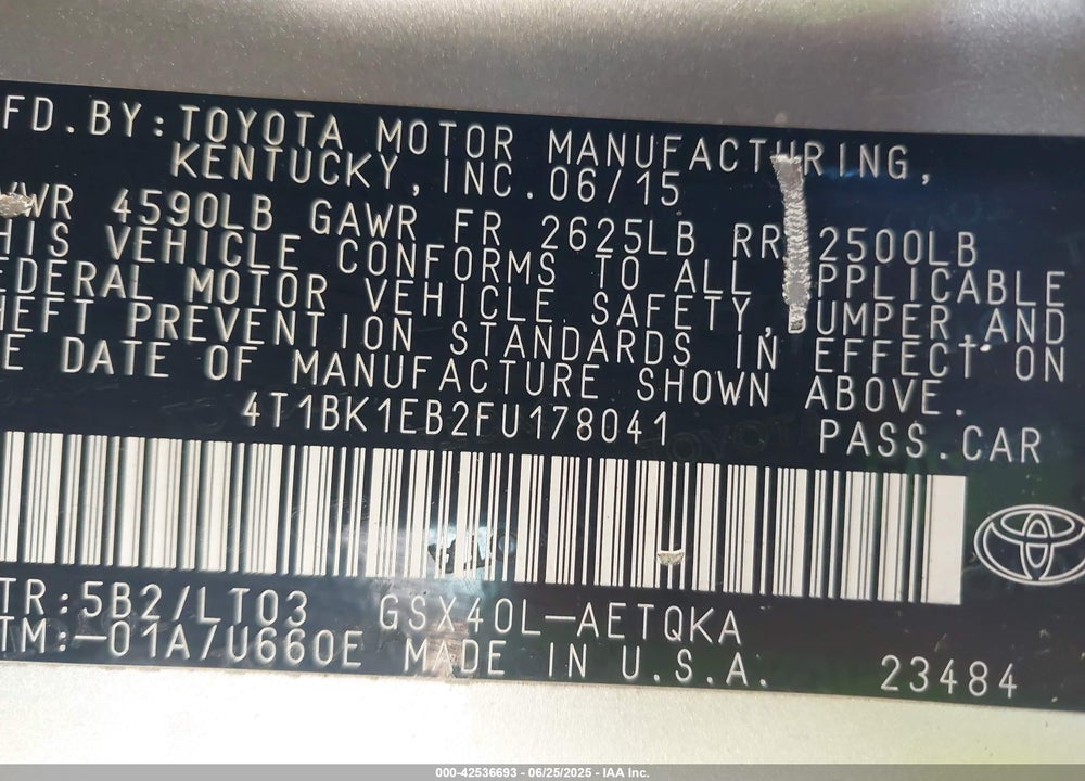 2015 TOYOTA AVALON VIN: 4T1BK1EB2FU178041