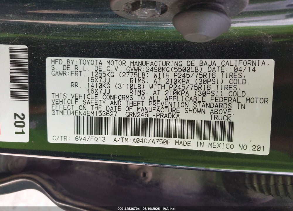 2014 TOYOTA TACOMA VIN: 3TMLU4EN4EM153627