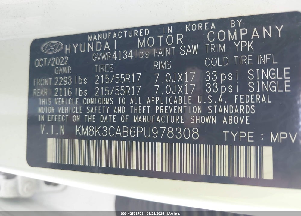 2023 HYUNDAI KONA VIN: KM8K3CAB6PU978308