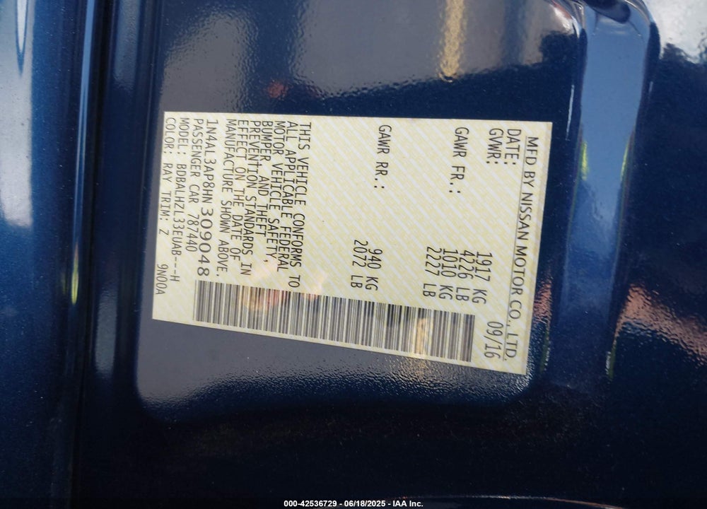 2017 NISSAN ALTIMA 2.5 SR VIN: 1N4AL3AP8HN309048