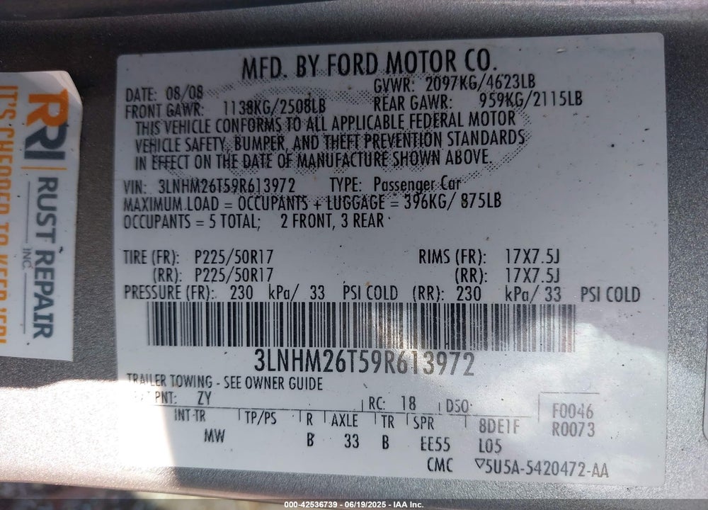 2009 LINCOLN MKZ VIN: 3LNHM26T59R613972