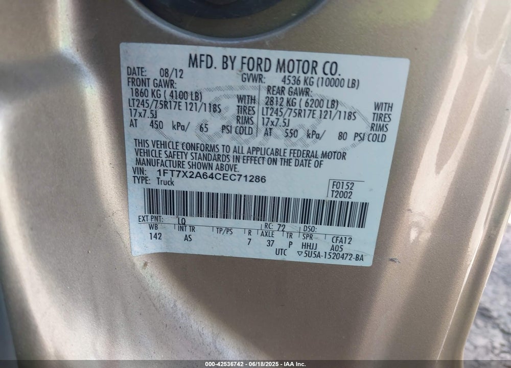 2012 FORD F-250 VIN: 1FT7X2A64CEC71286