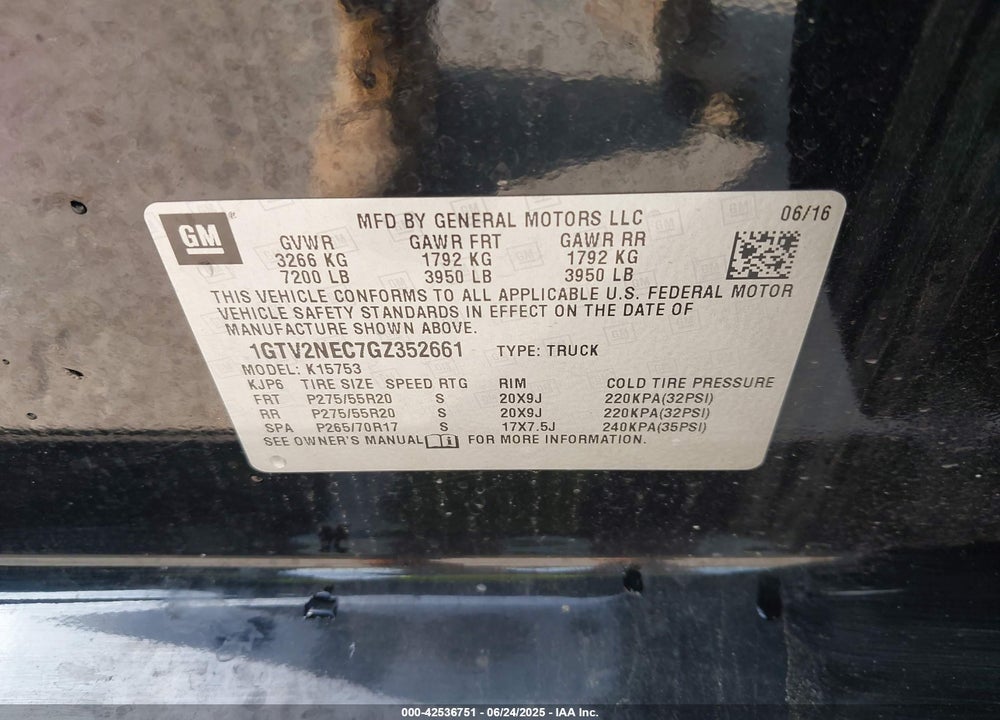 2016 GMC SIERRA 1500 VIN: 1GTV2NEC7GZ352661