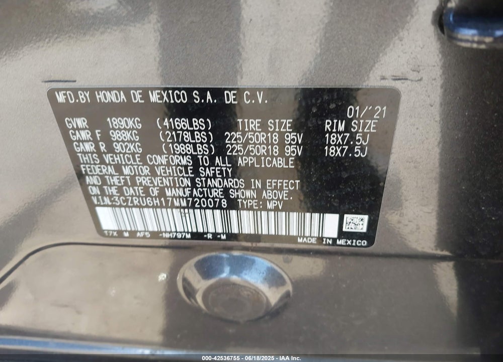 2021 HONDA HR-V VIN: 3CZRU6H17MM720078