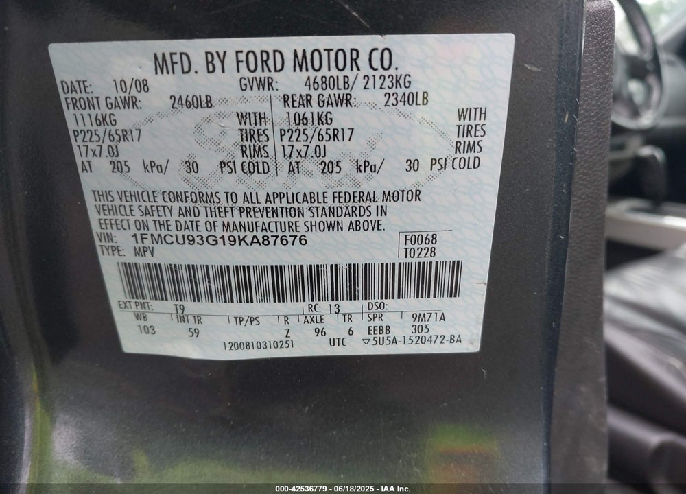 2009 FORD ESCAPE VIN: 1FMCU93G19KA87676
