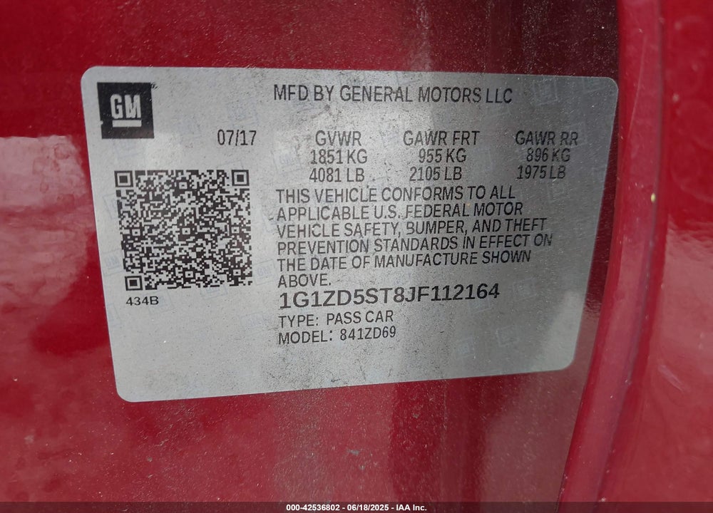 2018 CHEVROLET MALIBU VIN: 1G1ZD5ST8JF112164