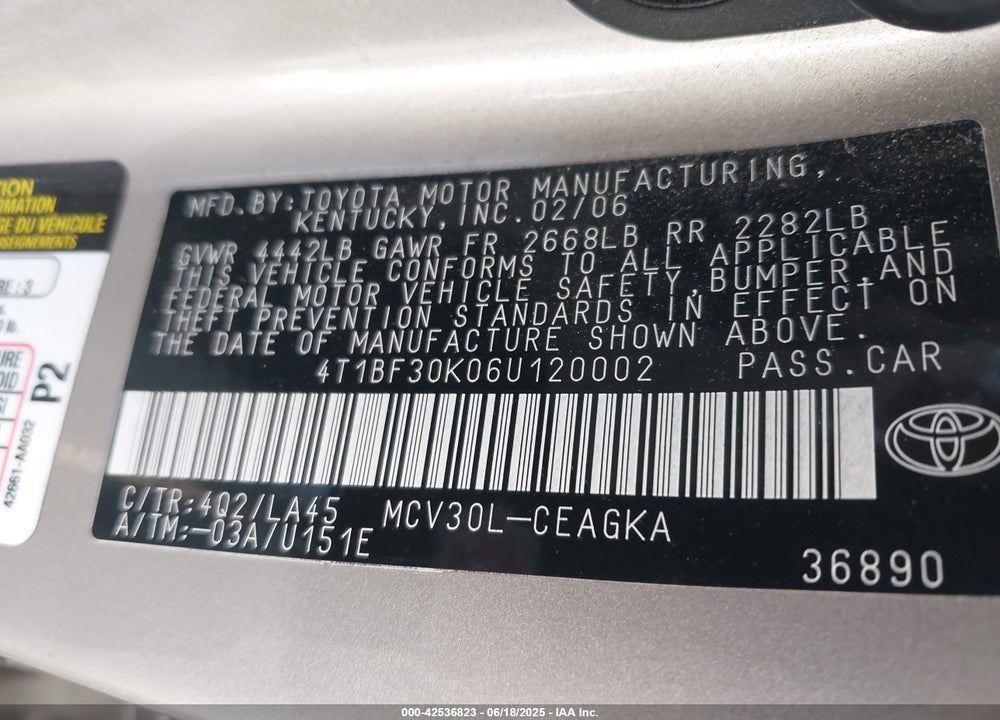 2006 TOYOTA CAMRY XLE V6 VIN: 4T1BF30K06U120002