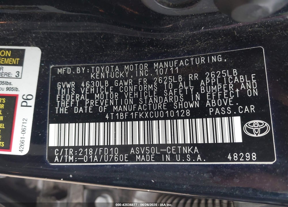 2012 TOYOTA CAMRY VIN: 4T1BF1FKXCU010128