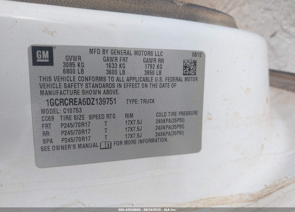 2013 CHEVROLET SILVERADO VIN: 1GCRCREA6DZ139751
