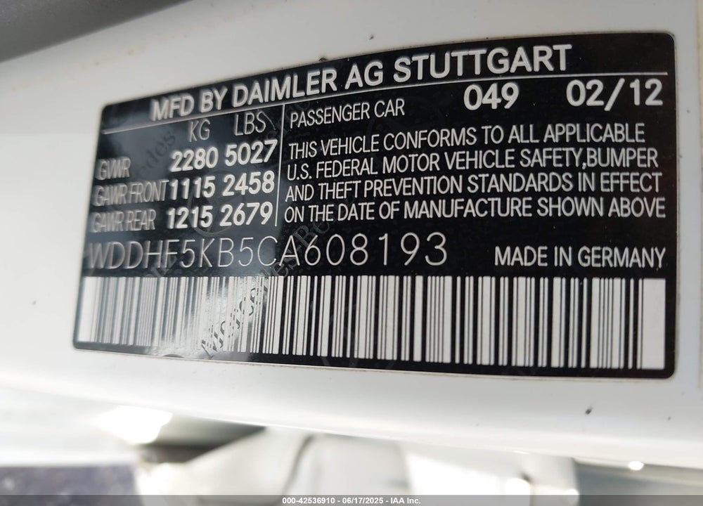 2012 MERCEDES-BENZ E 350 VIN: WDDHF5KB5CA608193