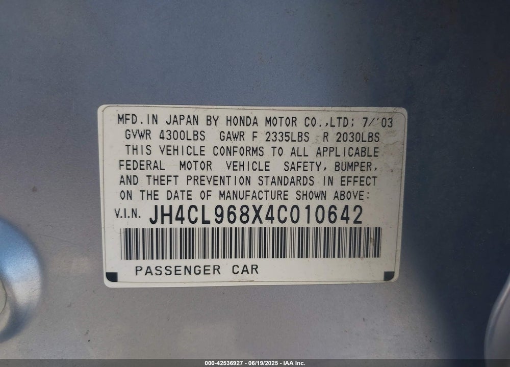 2004 ACURA TSX VIN: JH4CL968X4C010642