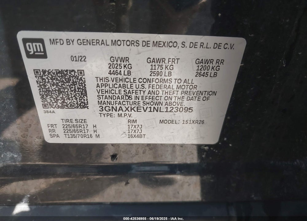 2022 CHEVROLET EQUINOX FWD LT VIN: 3GNAXKEV1NL123095