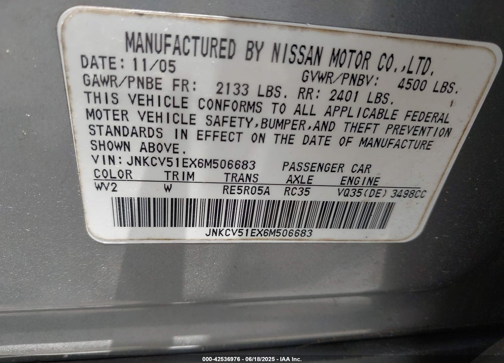 2006 INFINITI G35 VIN: JNKCV51EX6M506683