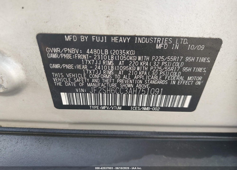 2010 SUBARU FORESTER VIN: JF2SH6CC3AH751091