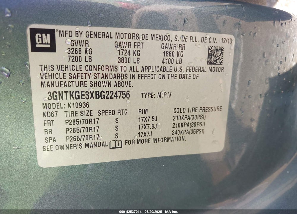 2011 CHEVROLET AVALANCHE VIN: 3GNTKGE3XBG224756