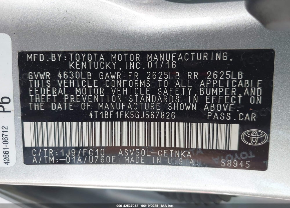 2016 TOYOTA CAMRY VIN: 4T1BF1FK5GU567826