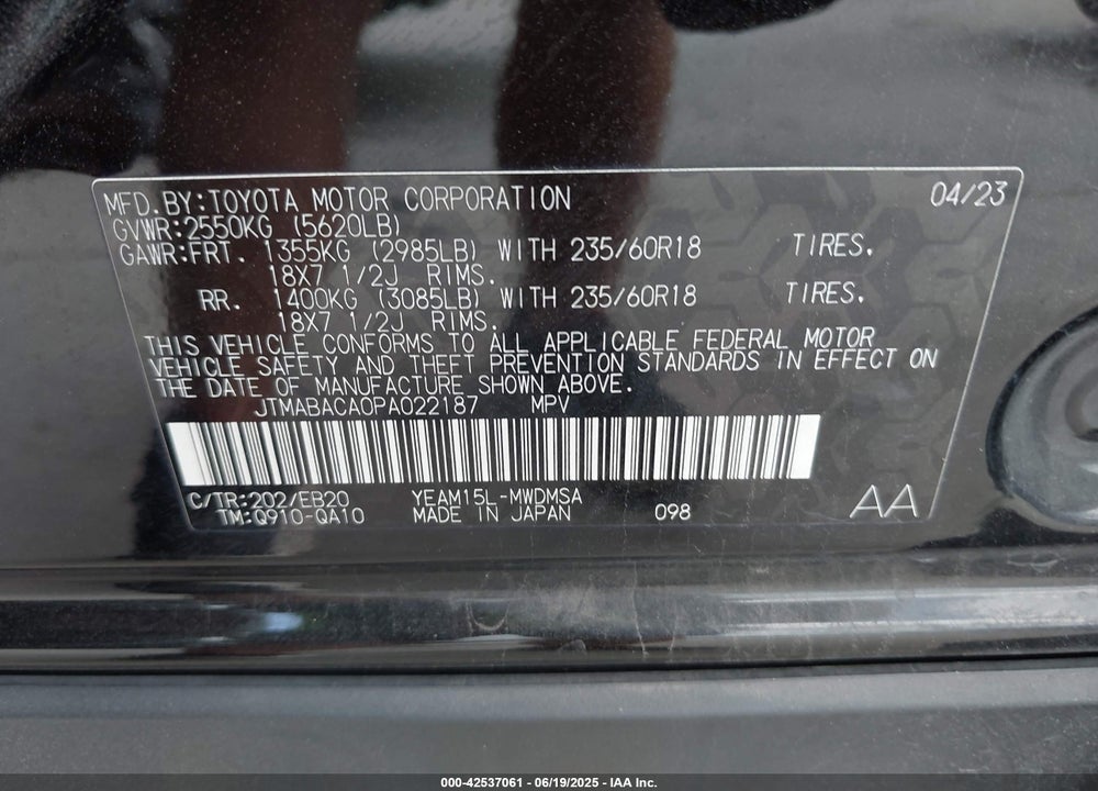 2023 TOYOTA BZ4X VIN: JTMABACA0PA022187