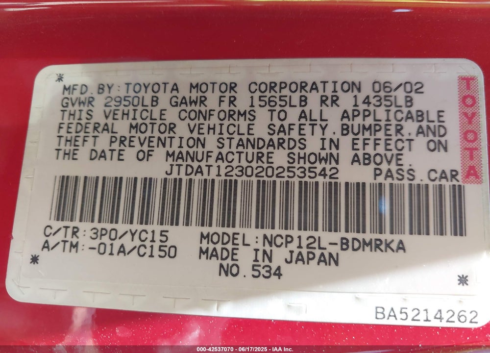 2002 TOYOTA ECHO VIN: JTDAT123020253542